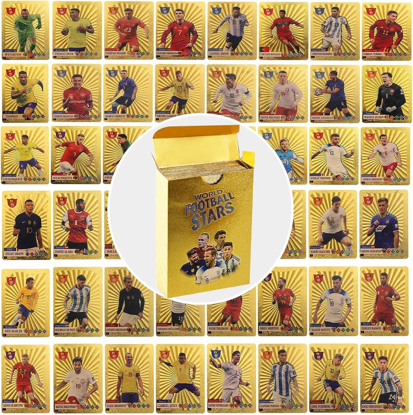 World Football Euro Stars Cards – 55PCS Gold Foil Soccer Trading Cards | Messi, Ronaldo, Mbappe, Neymar | Best Gift Deck Box for Kids, Adults, Boys, Girls - Libras Shop - My Store - Gold -