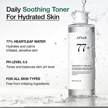 Anua Heartleaf 77+ Soothing Toner pH 5.5 Trouble Care, Calming Skin, Refreshing, Hydrating, Purifying, Cruelty Free, Vegan - 250ml