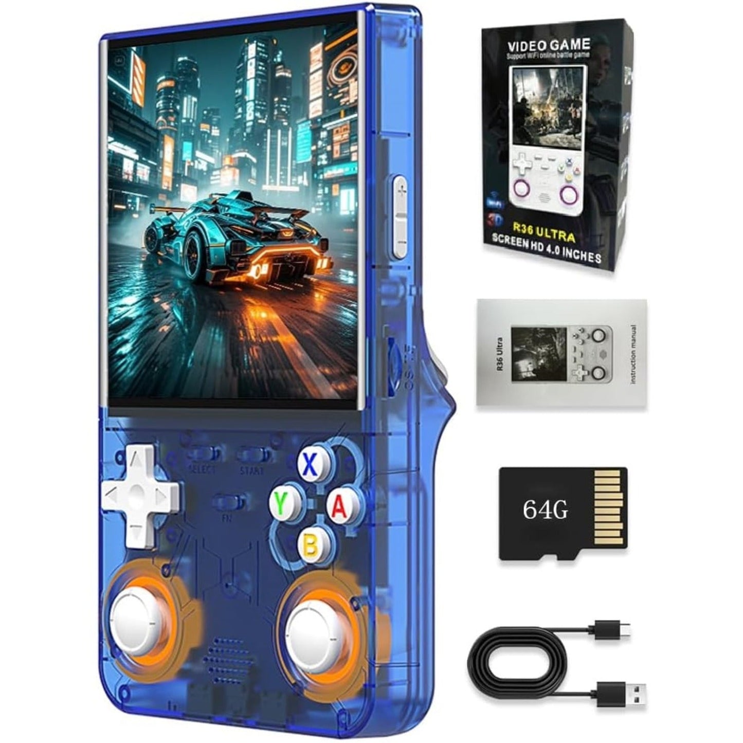 2025 New R36 Ultra RGB Controller Lights Handheld Game Console, 4" IPS Screen Portable Video Game Console , Built in 64G Card & 20000 Games, Linux System Support Wifi Bluetooth