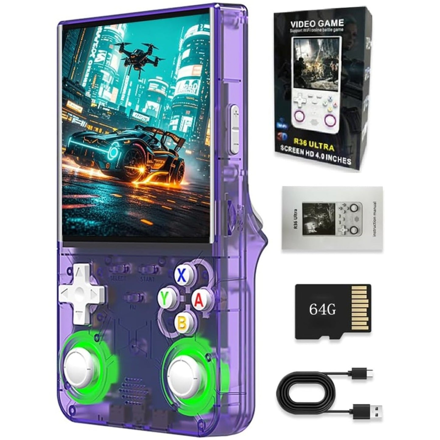 2025 New R36 Ultra RGB Controller Lights Handheld Game Console, 4" IPS Screen Portable Video Game Console , Built in 64G Card & 20000 Games, Linux System Support Wifi Bluetooth