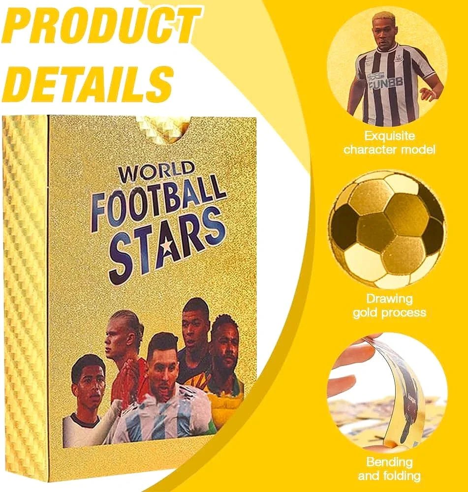 World Football Euro Stars Cards – 55PCS Gold Foil Soccer Trading Cards | Messi, Ronaldo, Mbappe, Neymar | Best Gift Deck Box for Kids, Adults, Boys, Girls - Libras Shop - My Store - Gold - 
