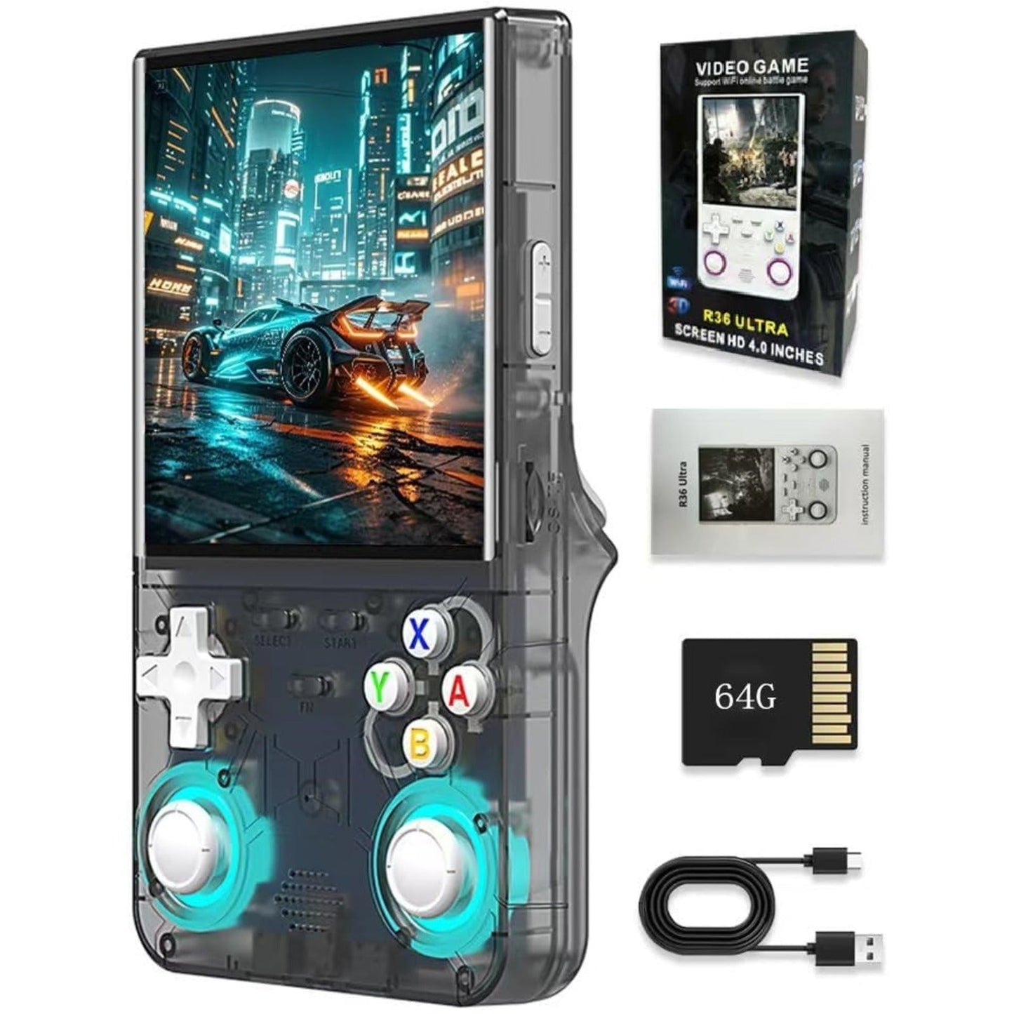 2025 New R36 Ultra RGB Controller Lights Handheld Game Console, 4" IPS Screen Portable Video Game Console , Built in 64G Card & 20000 Games, Linux System Support Wifi Bluetooth