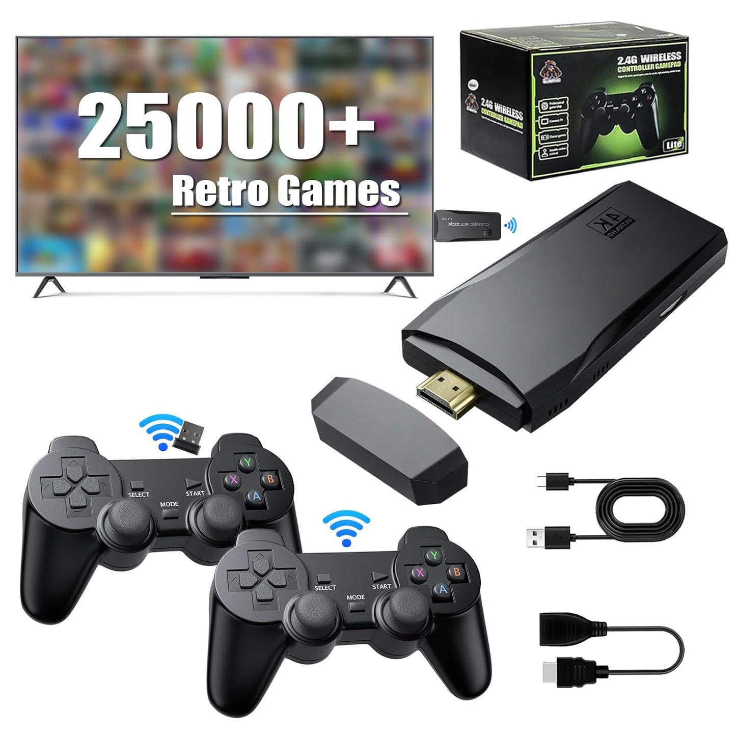 Retro Game Console Stick M8, 64G Retro Drive with 25000+ Plug and Play Video Games, Retro Gaming Console with 15 Emulator Console Stick Support 4K HD Output, 2.4GHz Wireless Controllers