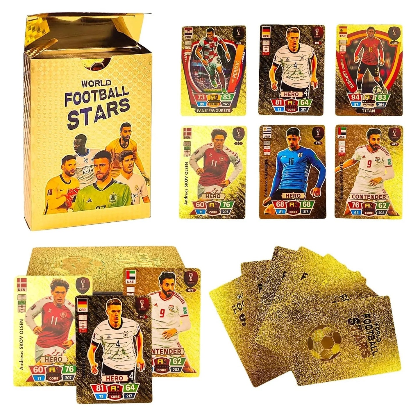 World Football Euro Stars Cards – 55PCS Gold Foil Soccer Trading Cards | Messi, Ronaldo, Mbappe, Neymar | Best Gift Deck Box for Kids, Adults, Boys, Girls - Libras Shop - My Store - Gold - 
