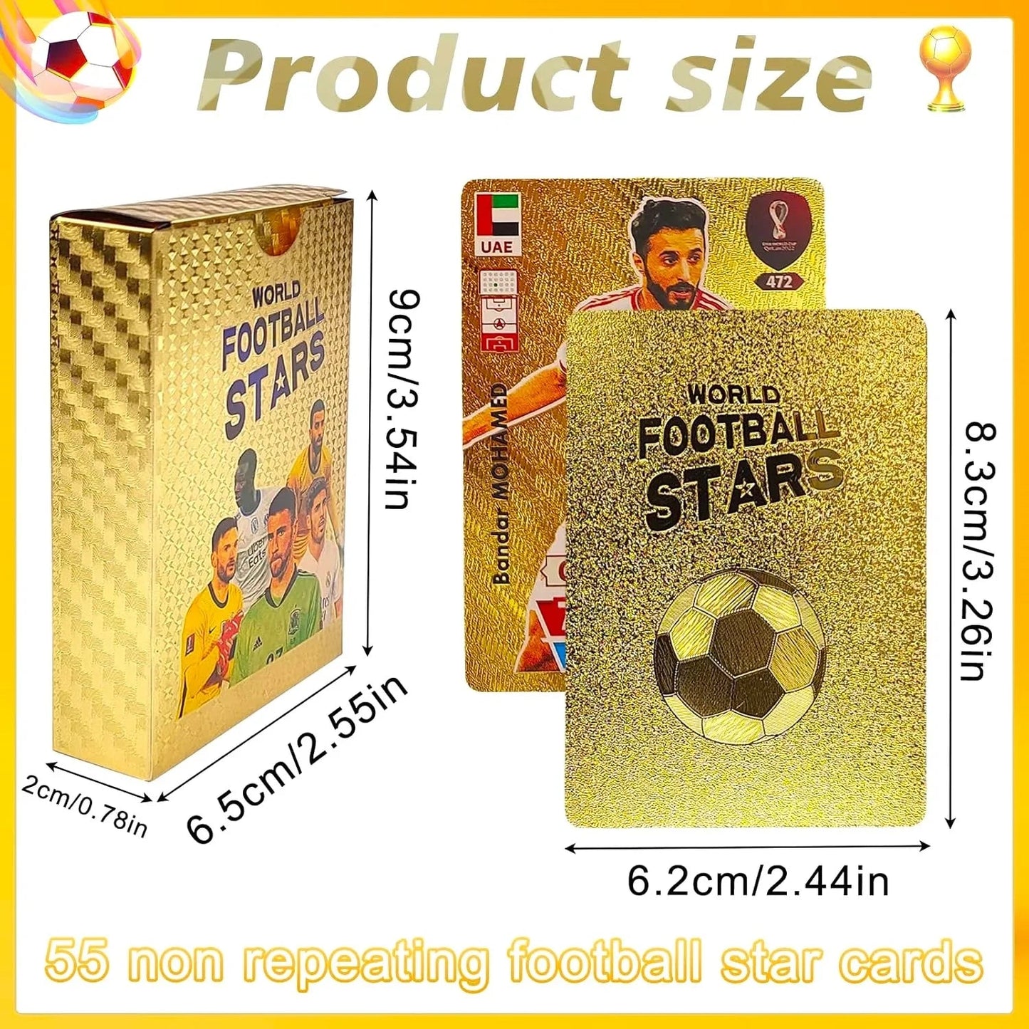 World Football Euro Stars Cards – 55PCS Gold Foil Soccer Trading Cards | Messi, Ronaldo, Mbappe, Neymar | Best Gift Deck Box for Kids, Adults, Boys, Girls - Libras Shop - My Store - Gold - 