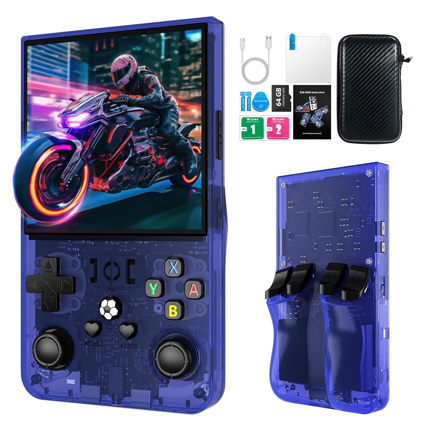 Libras Shop™ 2025 R36MAX Retro Handheld 20000+ Games Console, 4.0 Inch IPS Screen, 4000MAH Battery, 64GB Memory, Portable Arcade Video Gaming Console Gift for Kids, Adults