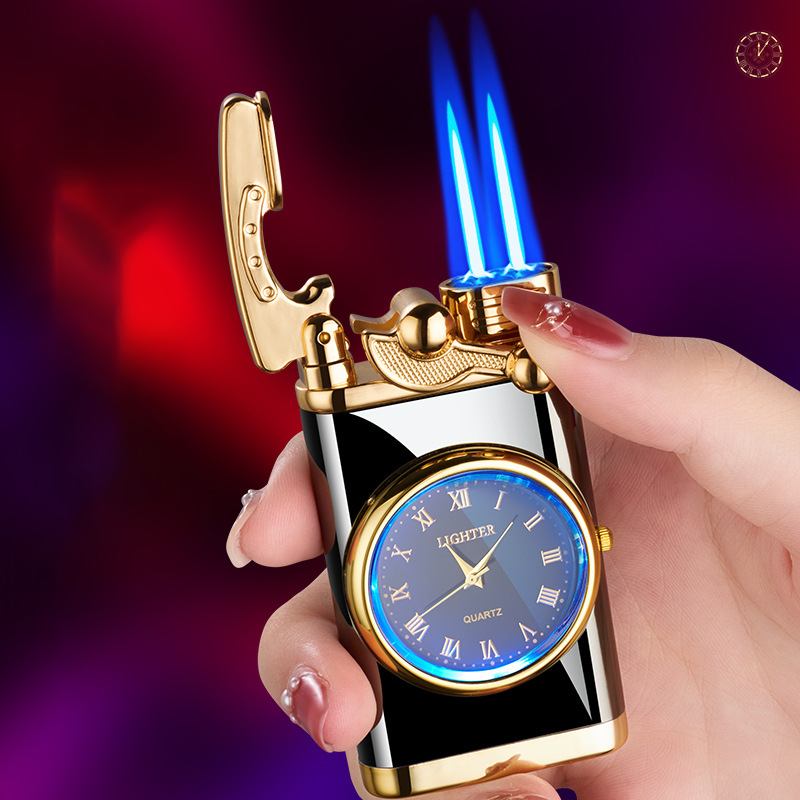 Windproof Metal Rocker Ignition Watch Gas Lighter Colorful Lights Jet Butane Double Flame Flashlight Cigar Lighter Men Gift