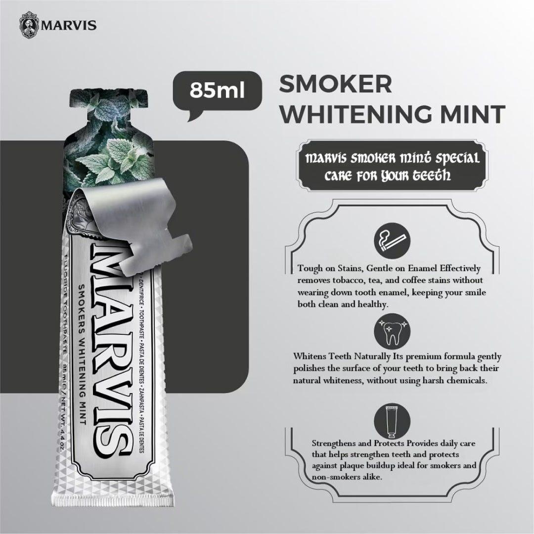 Libras Shop™ Marvis Smokers Whitening Mint Toothpaste – Fights Tobacco Stains & Freshens Breath with Intense Mint Flavor 85ml