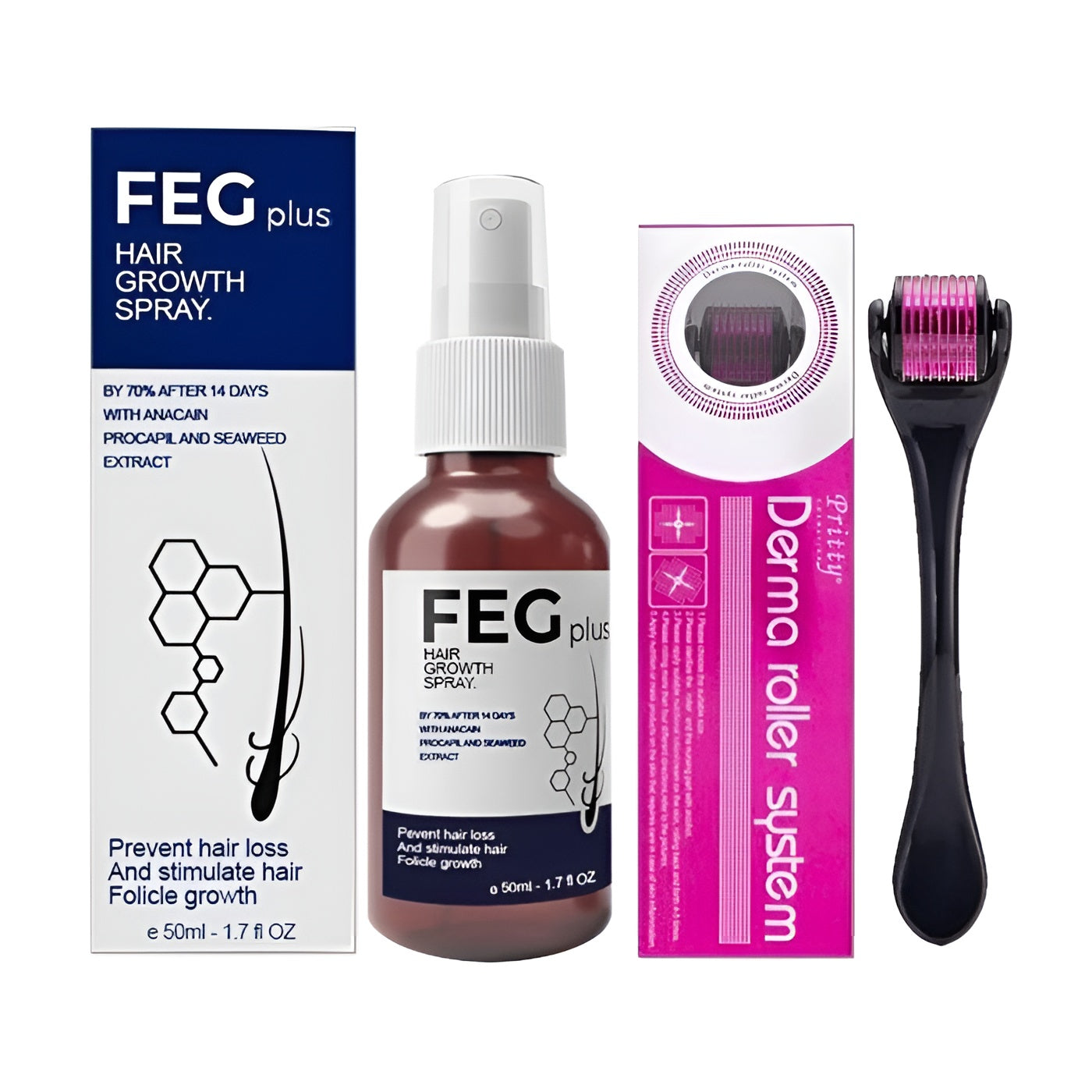 FEG-PLUS Rosemary Beard & Hair Serum + Derma Roller Kit – Minoxidil 5% Growth Enhancing Formula