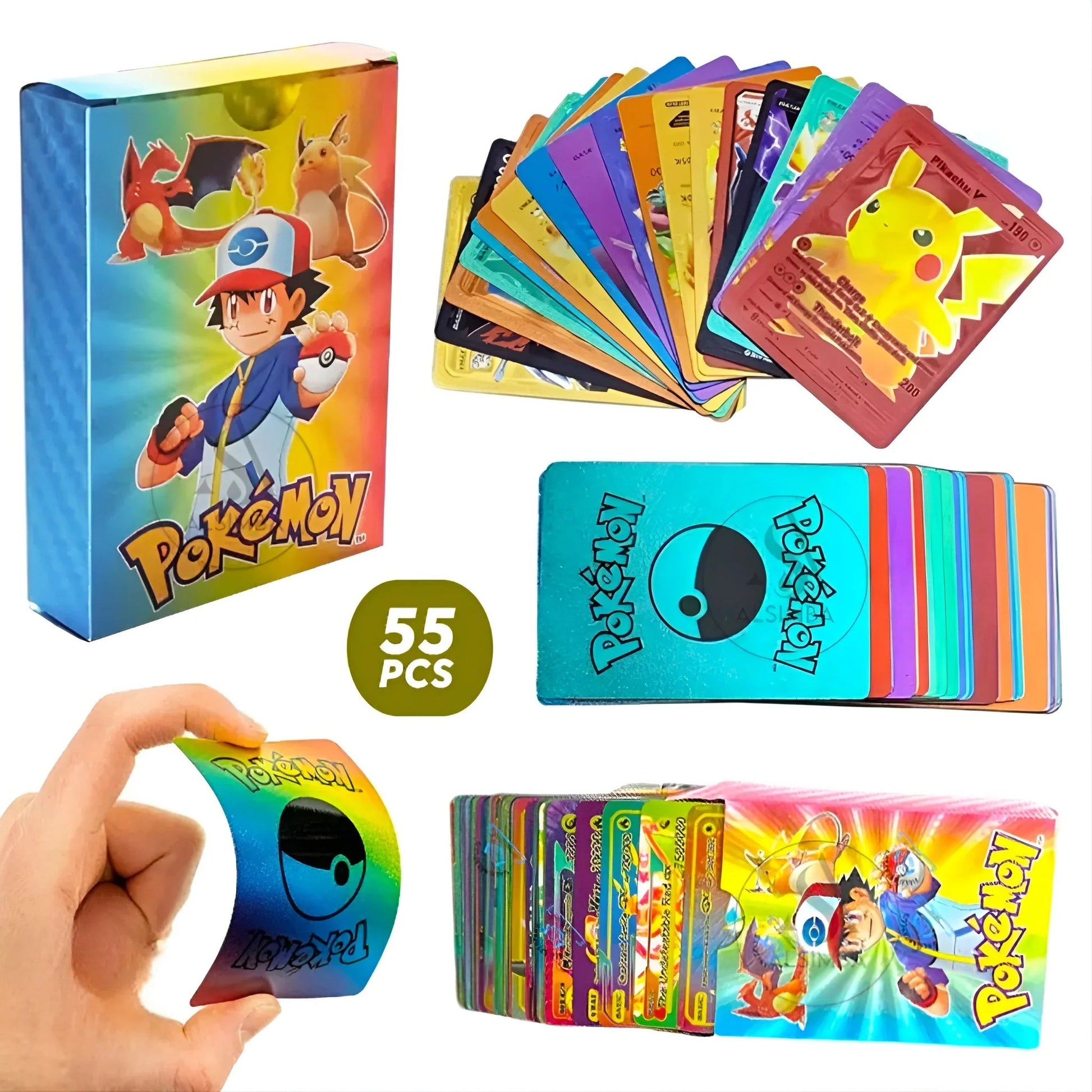 55 PCS Pokemon Random Rainbow Foil TCG Cards Set – Ultra Rare Holographic Gold Plated Trading Cards Deck Box, Vmax Style Collectible Cards Bundle - Libras Shop - My Store - 