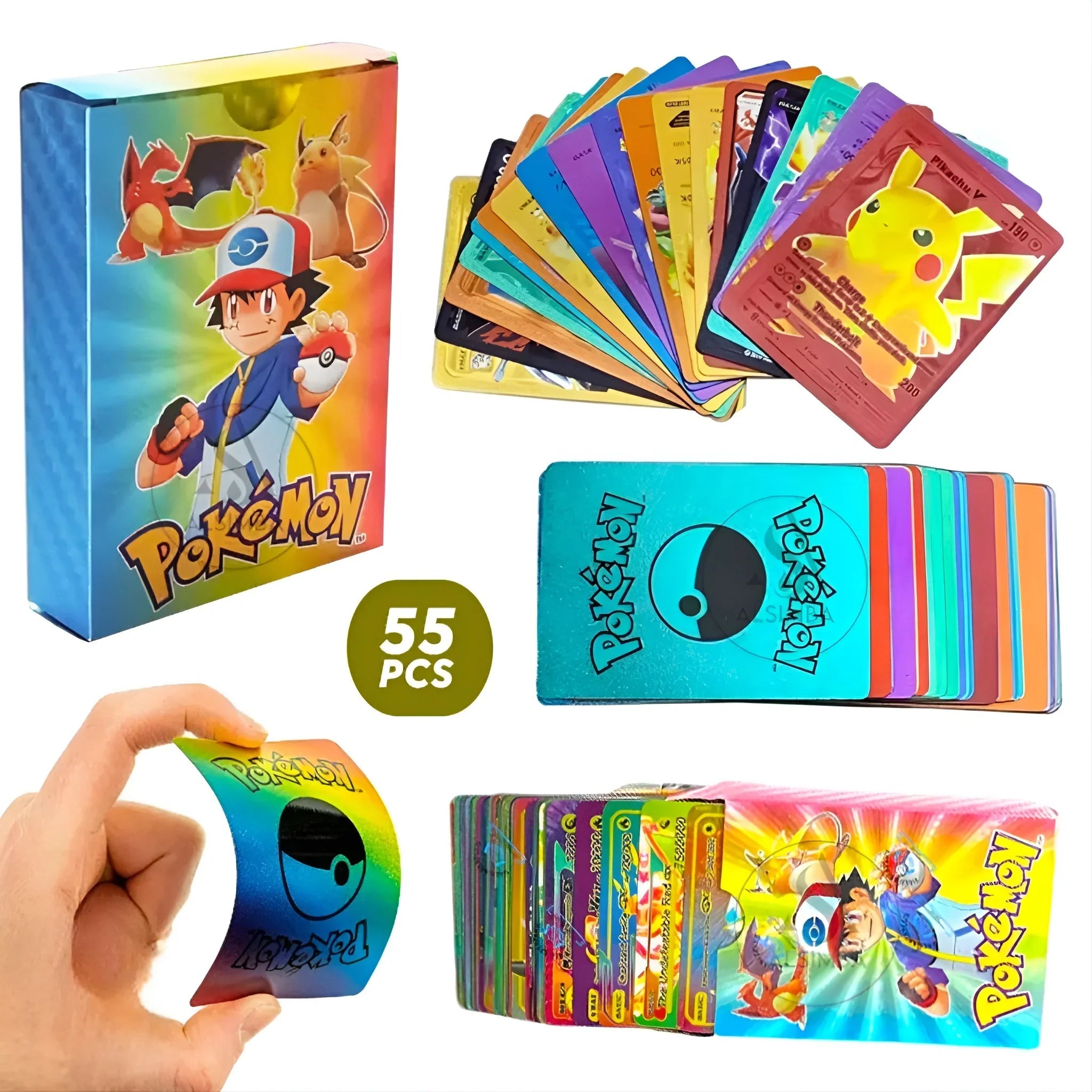 55 PCS Pokemon Random Rainbow Foil TCG Cards Set – Ultra Rare Holographic Gold Plated Trading Cards Deck Box, Vmax Style Collectible Cards Bundle - Libras Shop - My Store - 