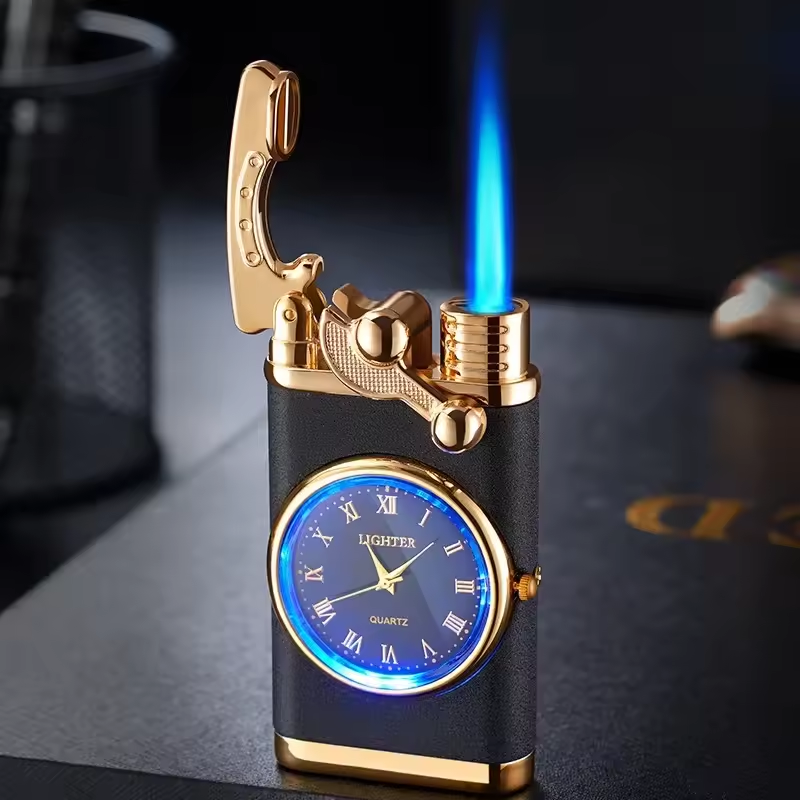 Windproof Metal Rocker Ignition Watch Gas Lighter Colorful Lights Jet Butane Double Flame Flashlight Cigar Lighter Men Gift