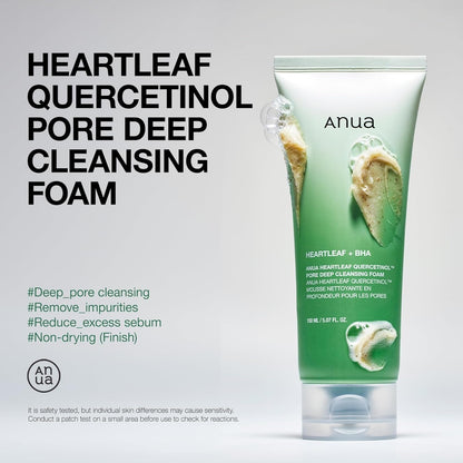 Libras Shop™ Anua Heartleaf Quercetinol Deep Cleansing Foam – Gentle Face Wash with BHA, Hyaluronic Acid, & Heartleaf for Pore Care & Blackhead Removal 150ml