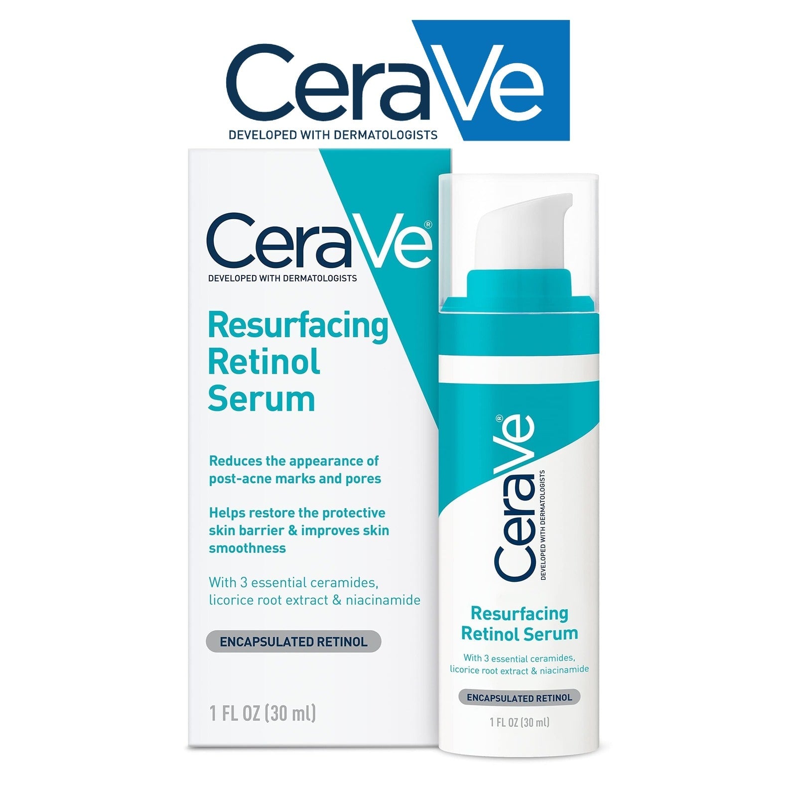 CeraVe Resurfacing Retinol Serum – Fades Post-Acne Marks, Minimizes Pores with Retinol, Niacinamide & Licorice Root Extract 30ml